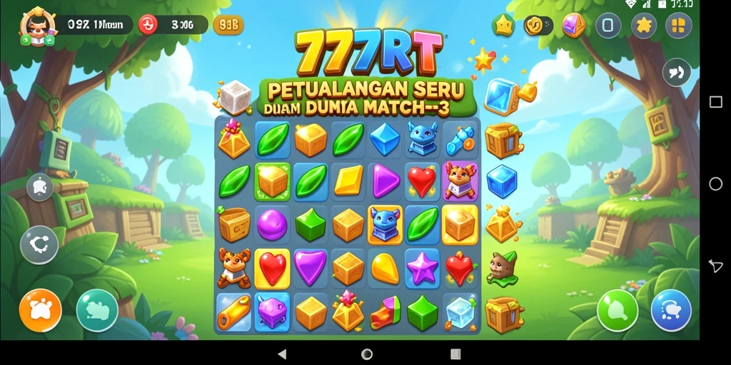 Tangkapan layar <strong>777RT</strong> menampilkan aksi seru mencocokkan permata dalam permainan Match-3.