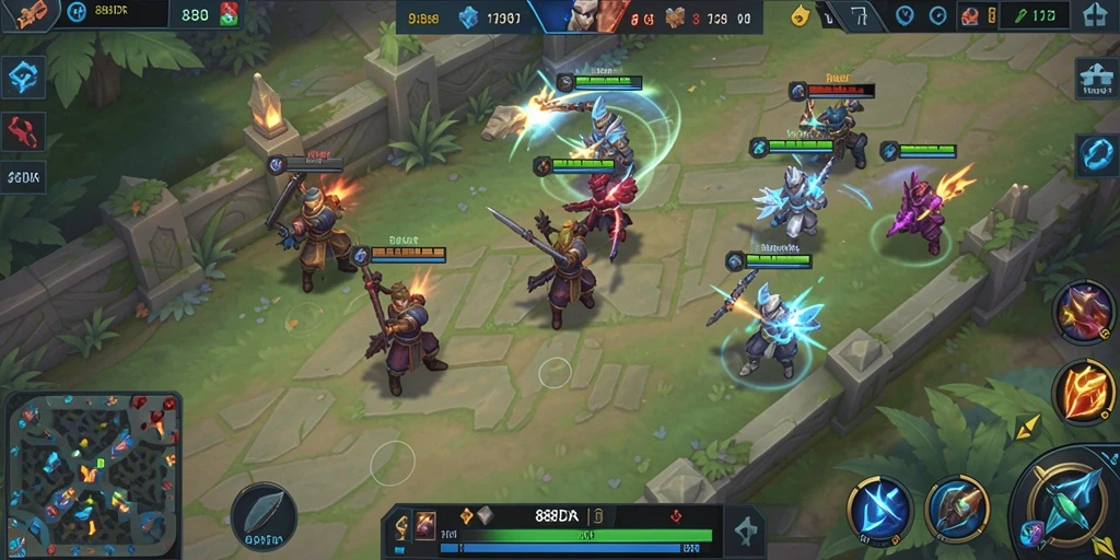 Screenshot 888IDR menampilkan aksi pertempuran epik di arena MOBA.