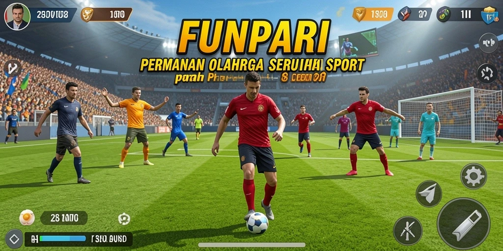 Screenshot utama dari gameplay FUNPARI menunjukkan aksi seru dalam pertandingan olahraga.