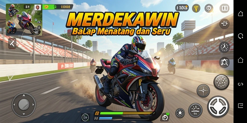 Screenshot MERDEKAWIN menampilkan aksi balapan motor yang seru dan mendebarkan.