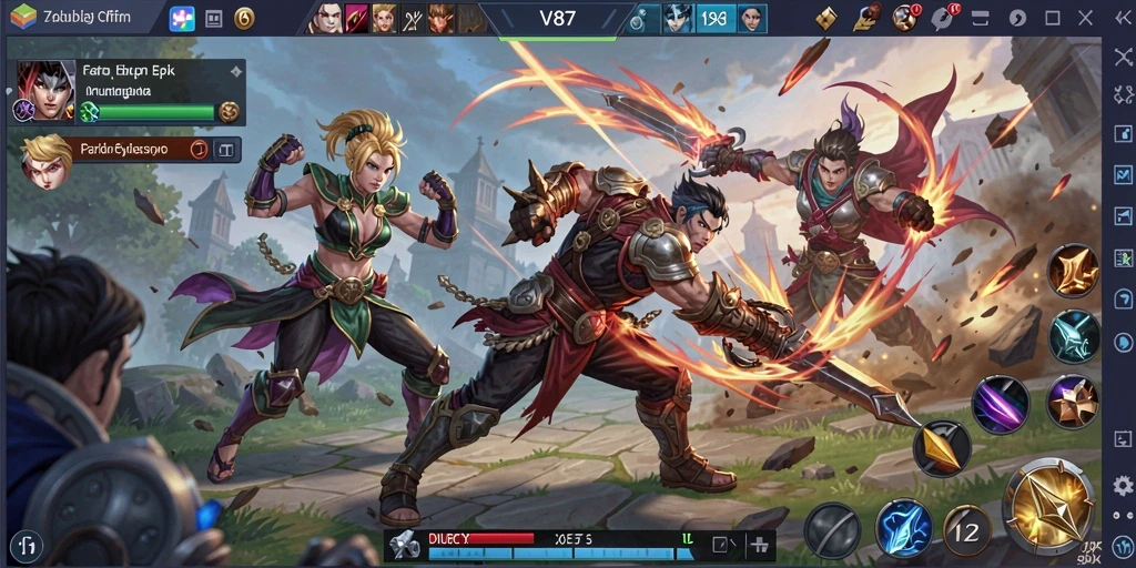 Tangkapan layar gameplay <strong>V87</strong> yang menampilkan pertarungan seru di arena MOBA.