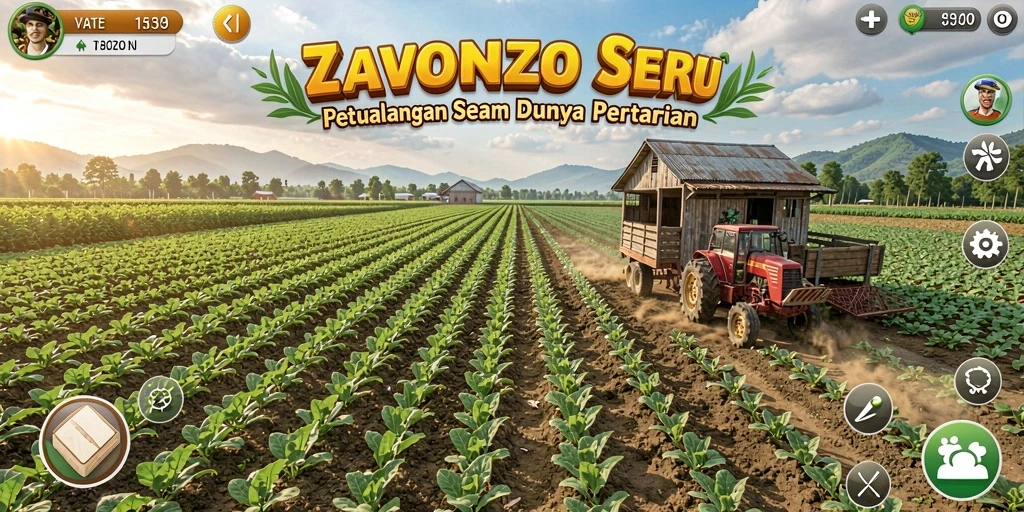 Tangkapan layar gameplay ZAVONZO menampilkan suasana pertanian yang cerah dan interaktif.