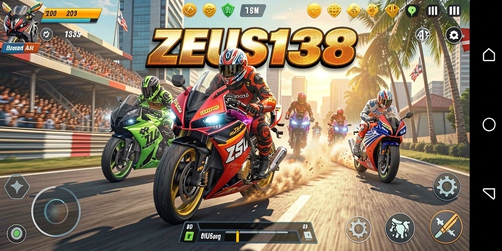Screenshot gameplay balapan motor ZEUS138 yang mendebarkan.